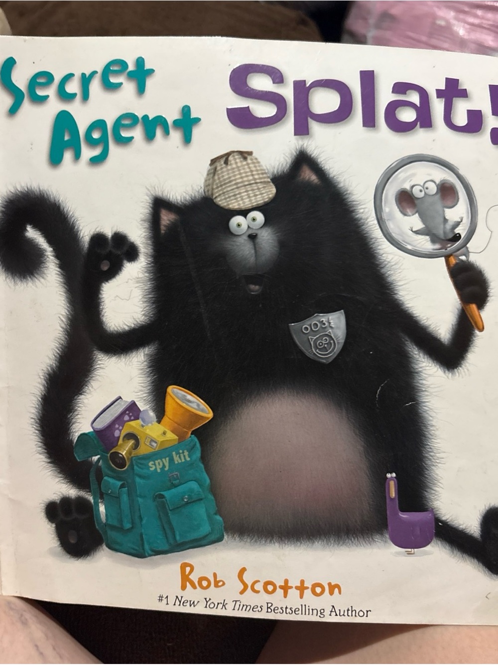Scholastic Black Cat Spy Toy Book Cover with Teal Kit and Purple Accent